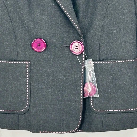 Bebe Womens Blazer 6 Charcoal Grey Pink Contrast Stitch Y2K Officecore Chic - Picture 7 of 9